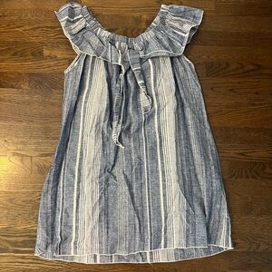 Chic Blue Striped Dress with Ruffle Neckline